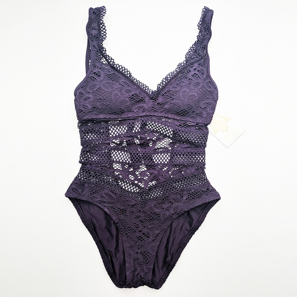 Becca Captured Purple Crochet One Piece Swimsuit - Picture 2 of 8